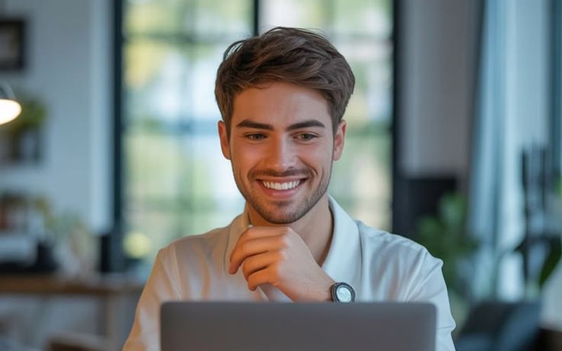 Smiling borrower using Lending Buddy on his laptop