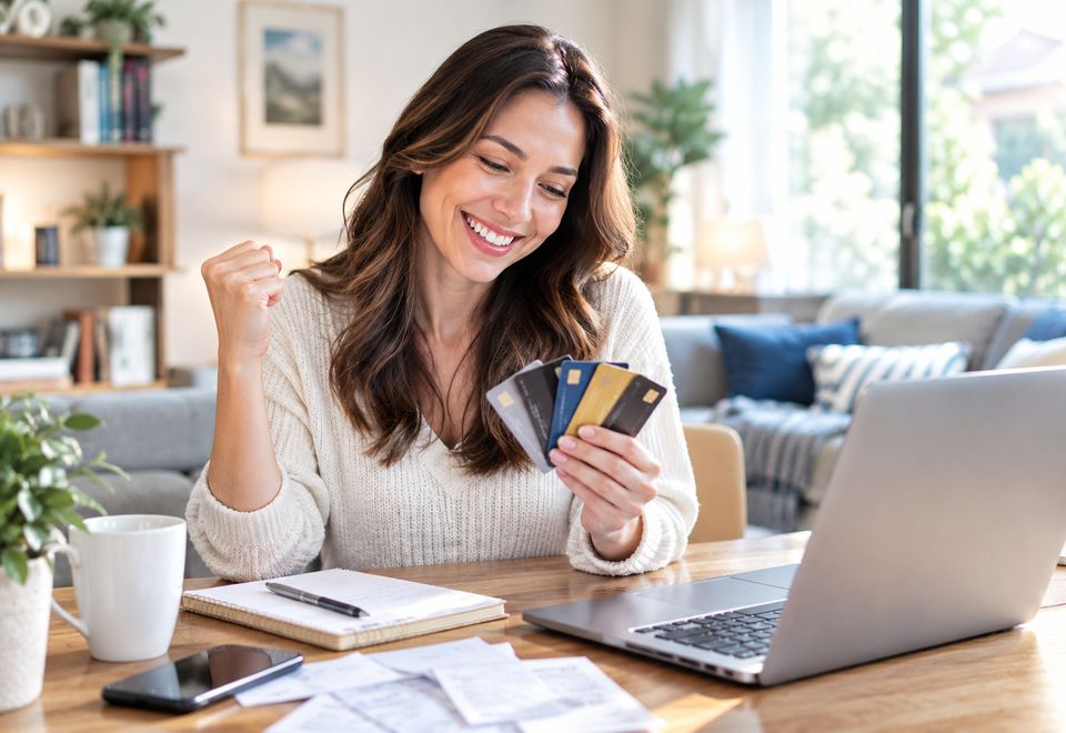 Woman holding credit cards to consolidate with Lending Buddy