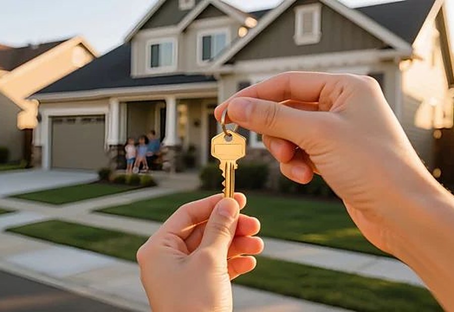 New homeowner holding house keys in front of a home — Lending Buddy first-time homebuyer loans