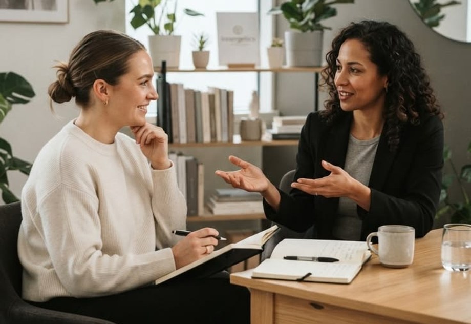 Self-employed woman discussing her income with an advisor — Lending Buddy loans for gig workers