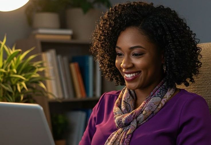 Woman reviewing Lending Buddy personal loan options on her laptop